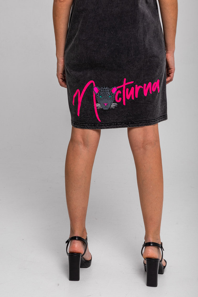 Vestido Corto Rib Algodón Negro Ácido Con Pantera - Nocturna