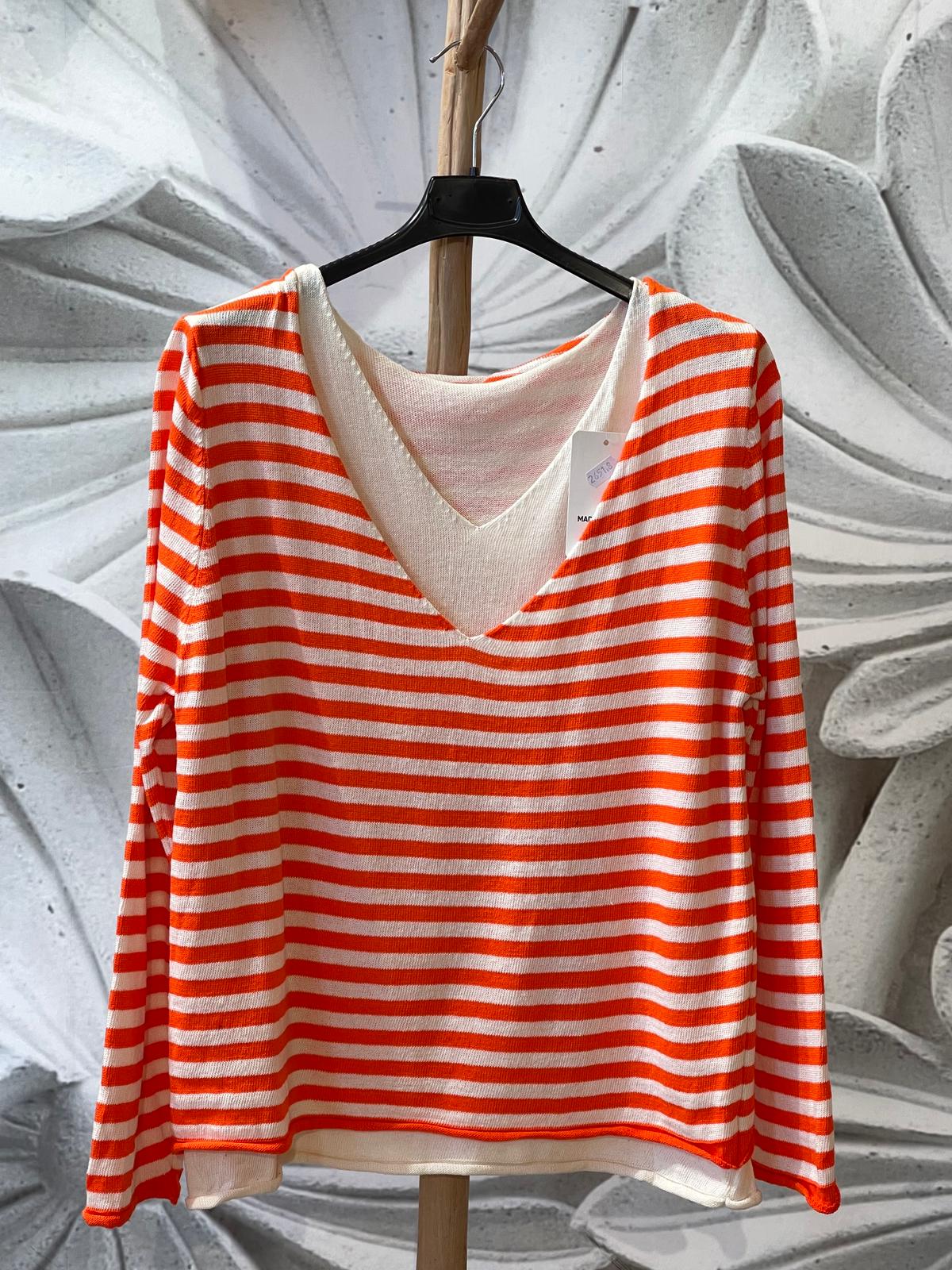 Jersey de rayas naranja y blanco con escote en V