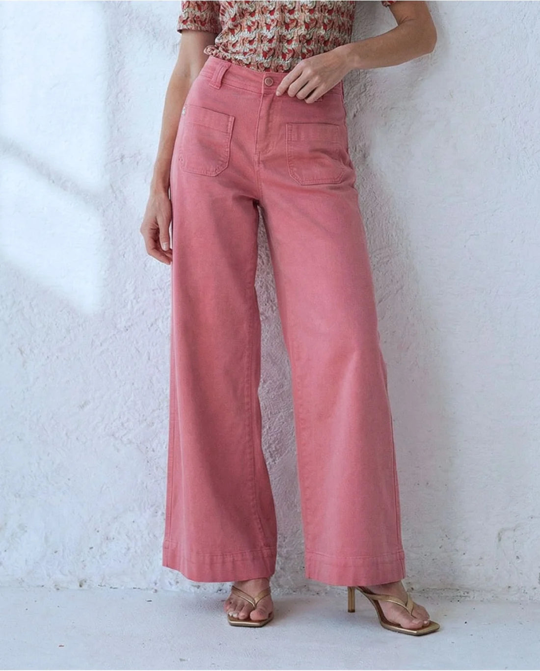 Pantalón wide leg tiro alto denim Rosa