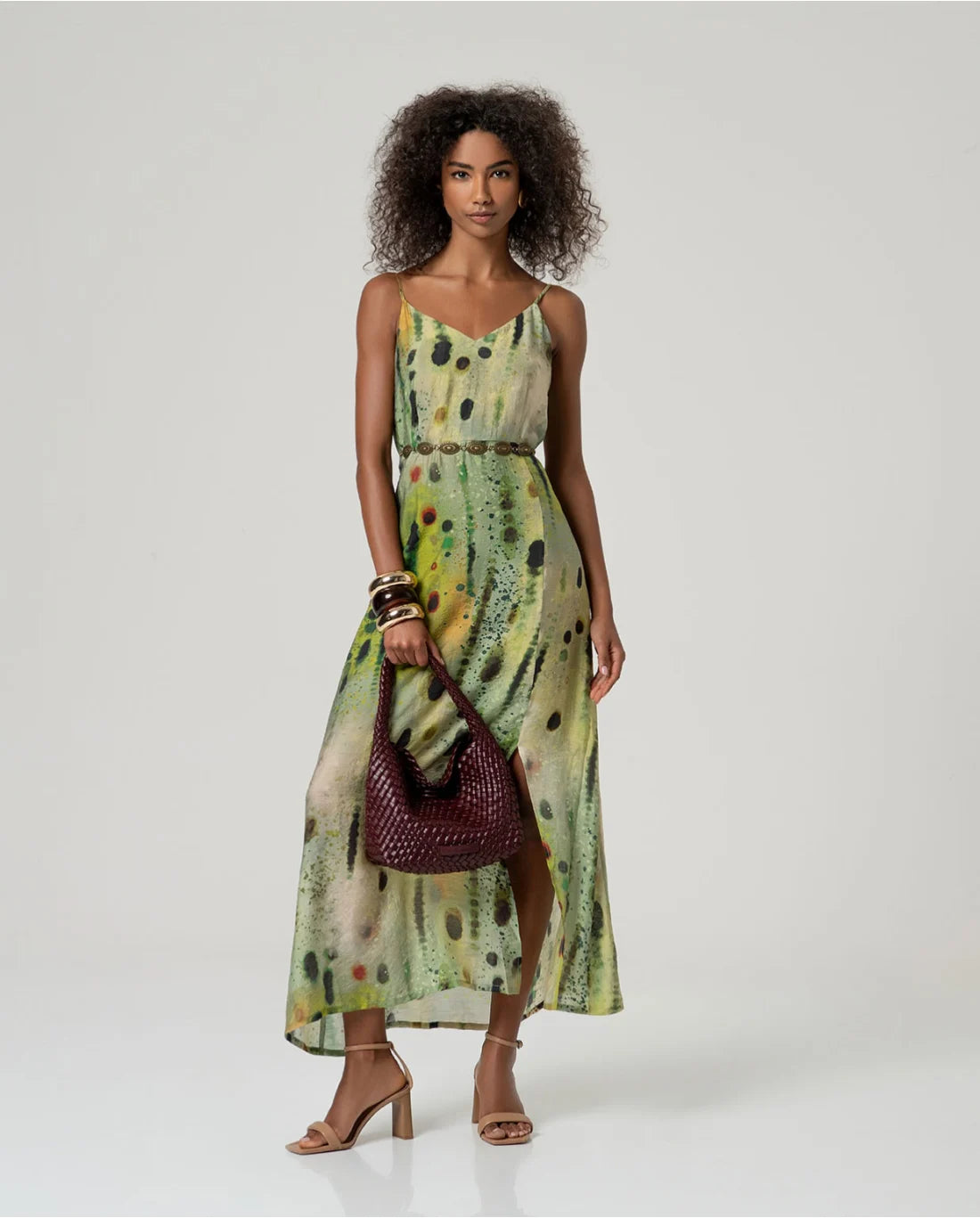 Vestido largo tirantes estampado Verde