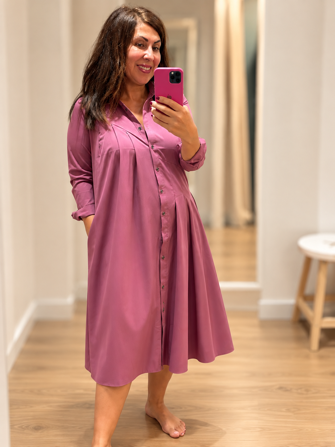 Vestido camisero midi rosa empolvado