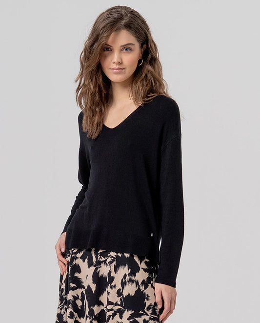 Jersey de escote de pico de viscosa Negro