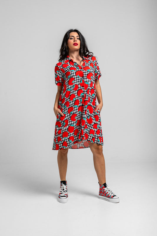 Vestido Camisero Corte A De Tomates Y Vichi Blanco Y Negro - Pomodori