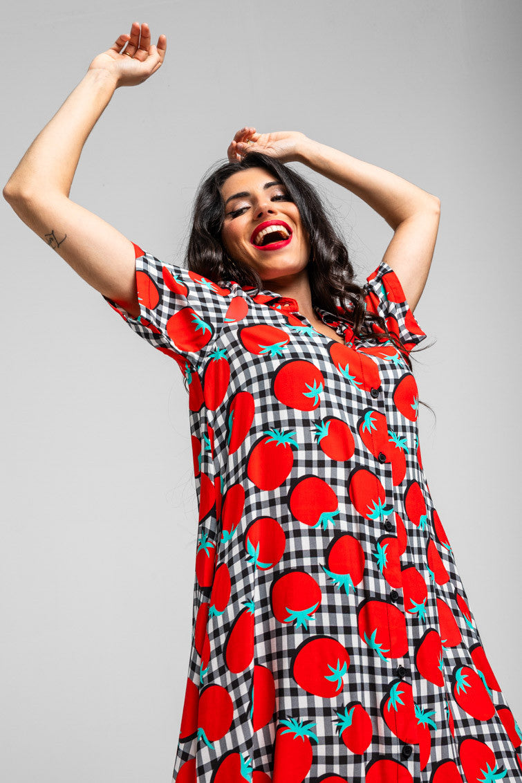 Vestido Camisero Corte A De Tomates Y Vichi Blanco Y Negro - Pomodori
