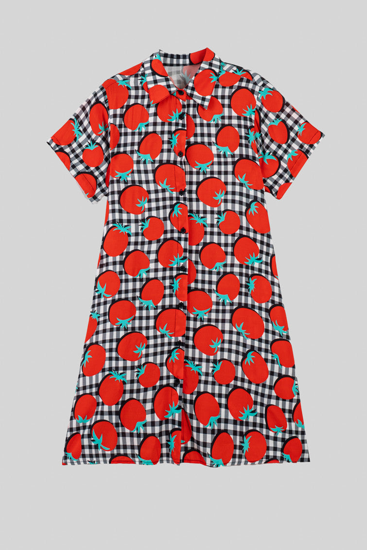 Vestido Camisero Corte A De Tomates Y Vichi Blanco Y Negro - Pomodori