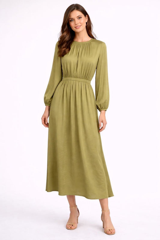 Vestido Satén Manga Abullonada - Verde Oliva